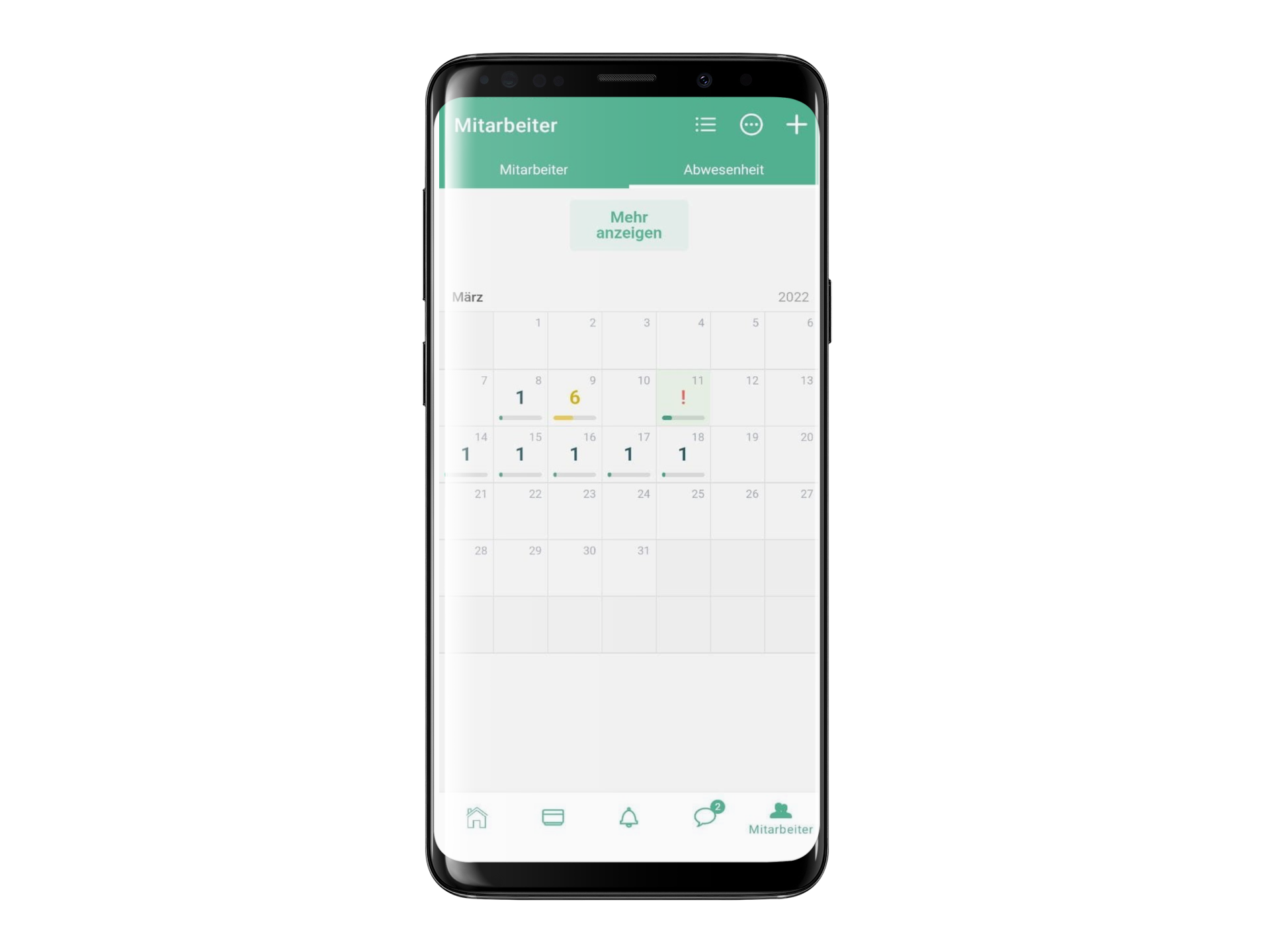Kalenderansicht der erstellten Abwesenheiten in der App